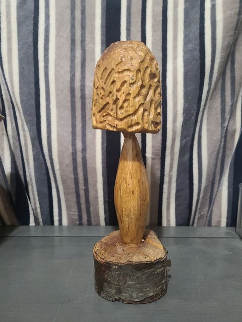 Cottagecore Handcarved Wooden Morrel Mushroom 9.5" Folk Art Sculpture Fairy