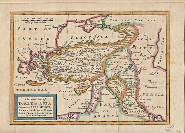 Original 1736 Map "Turkey in Asia" Armenia Syria Iraq by Herman Moll Antique