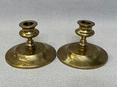 Antique Pair of Chinese Heavy Brass Floral Etched Candle Holders, 4" H, 5 1/4" D