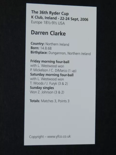 Yorkshire Framing Co Card 2006 Golf 36Th Ryder Cup Darren Clarke Irlande Du Nord 2