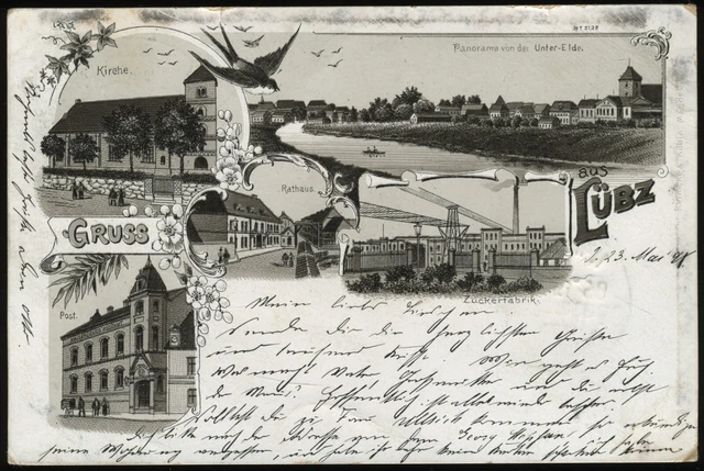 AK.Gruss aus Lübz Mehrfachlitho 1898 echt gelaufen Bahnpoststempel
