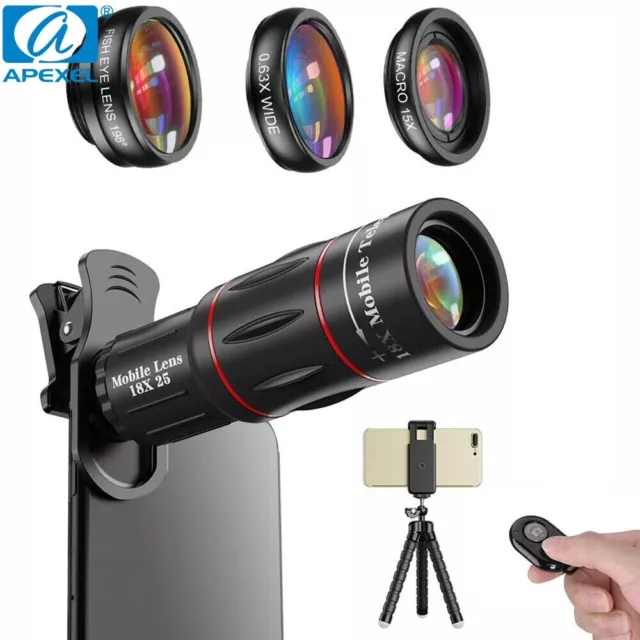 APEXEL 5in1 Phone Lens Kit 18X telescope Fisheye Wide Angle macro Lens for Phone