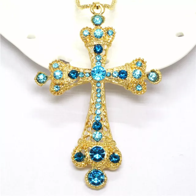 Hot Betsey Johnson Blue Rhinestone Cross Crystal Pendant Chain Necklace Gift