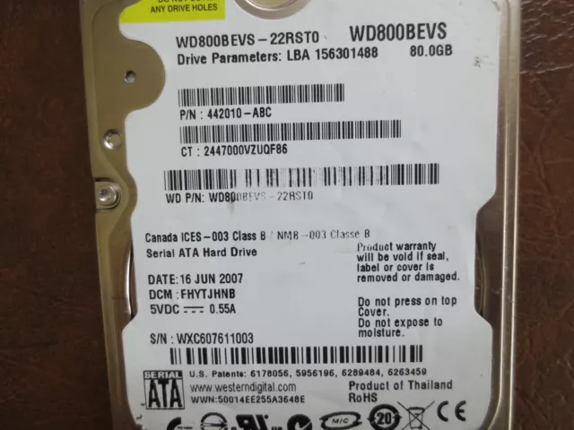 Western Digital WD800BEVS-22RST0 DCM:FHYTJHNB 80gb 2.5" Sata hard drive