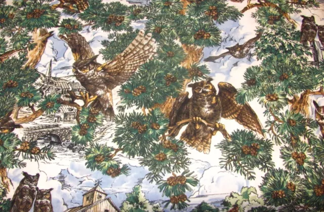22" x 44" Owls Who Gives A Hoot Predator Birds Pine Trees Cones on Cotton Fabric