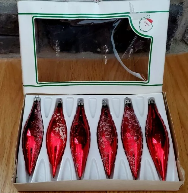 Set of 6 Christmas RED VTG Tree Ornaments Poland Glass teardrop  5"