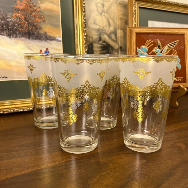 Vtg MCM 4 Frosted Gold Leaf  Drinking Glasses Mid-Century