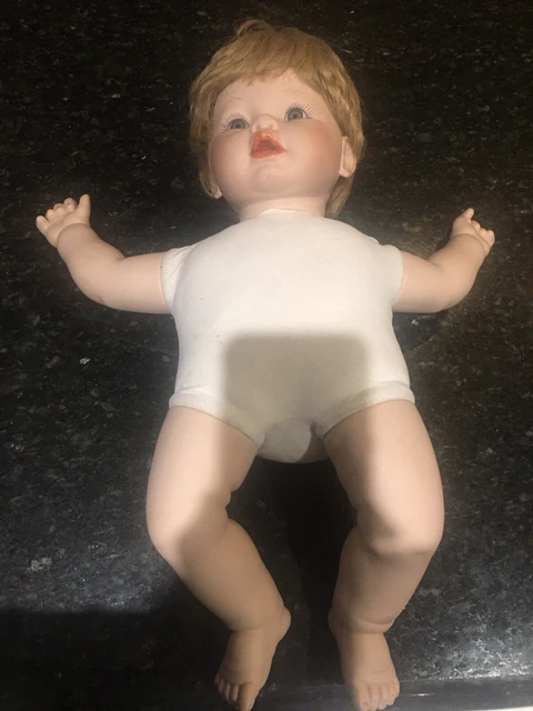 Vintage 21” Bisque Porcelain Baby Doll Blond Hair Cloth Body/Bisque Arms&Legs