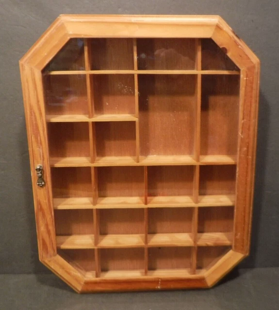Wooden & Glass Hanging Cabinet Display Case With 22 Sections Nick Nack Trinket