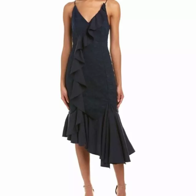 C/MEO COLLECTIVE Phase Midi Dress NEW Size L Navy Blue Asymmetrical Trim $220