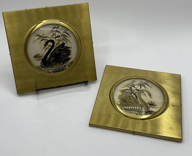 Vtg Brass Enterprises 2 Frames Convex Glass Swan Prints Mid Century Orig Box