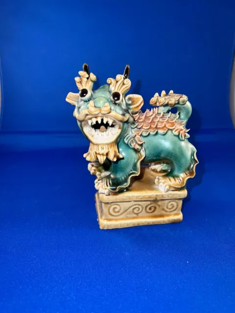 4”Chinese animal wucai porcelain Dragon head beast animal Feng Shui lucky statue