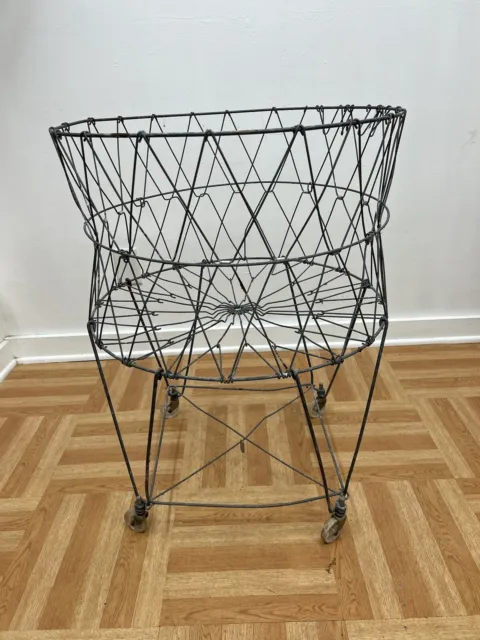 Vintage Folding Wire Laundry Basket metal collapsible rolling leg country french