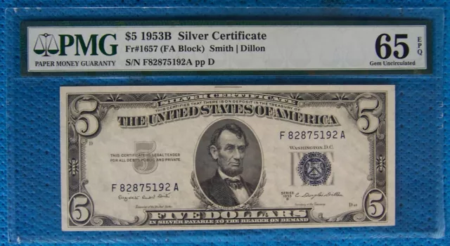 1953-B $5 Silver Certificate **Wide 1** Fr. 1657 (Fa Block) Pmg 65 Gem Unc