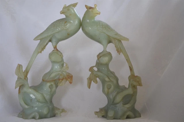 Rare Antique Chinese Export Hand Carving Huge Two Celadon Jade Bird Statue