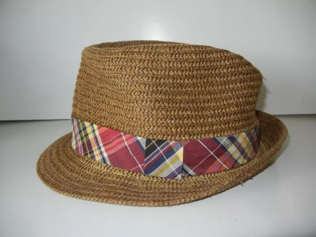 POLO RALPH LAUREN Brown/Red Plaid STRAW FEDORA HAT Summer Beach Sun Pool Cap S/M