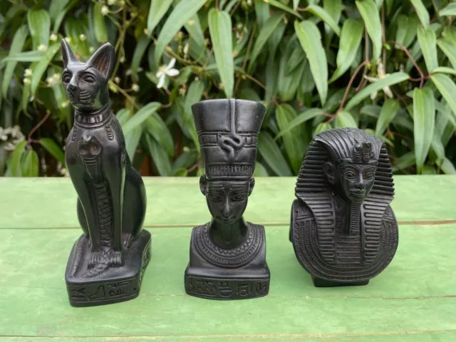 Vintage Egyptian Figure set of 3 Nefertiti, Pharaoh and Bastet Cat