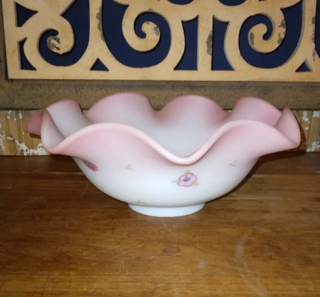 Fenton Berries And Blossoms Burmese Satin Glass Bowl Hand Painted Signed 9×4"