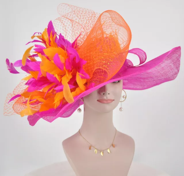 Hot Pink w OrangeJumbo Bow and Feather Flowers Kentucky Derby Hat, Tea Party