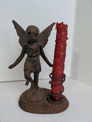 Vintage Rustic Cast Iron, Garden Fairy/ Tinkerbell Candle Holder.  6.75"