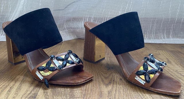 Louis Vuitton Black/Brown Suede and Leather Artful Embellished Mules Size 38 1/2
