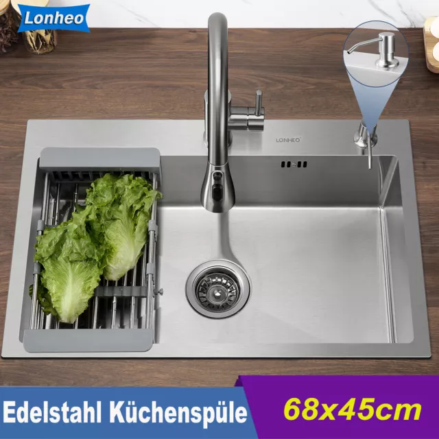 Edelstahl Küchenspüle Einbauspüle Eckig Spülbecken Spüle mit Abflusskorb 68x45cm