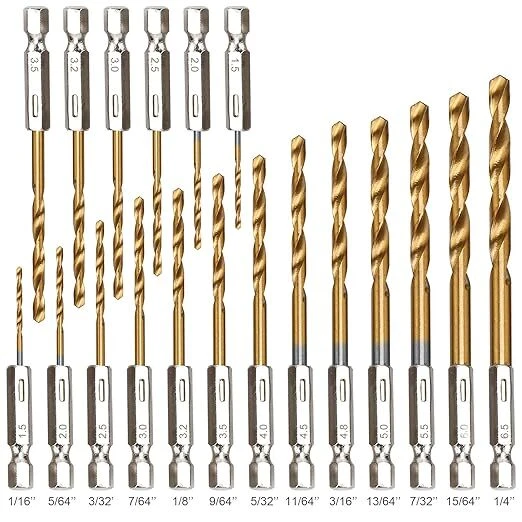 19PCS Hex Drill Bit Set Titanium High Speed Steel Twist Drill Bits 1/16"-1/4"