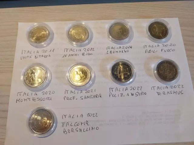 2 euro commemorativi Italia 9 monete Fior di Conio dal 2011 al 2022