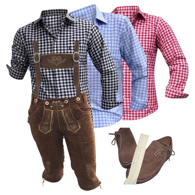 Set folcloristico pantaloni in pelle costumi tradizionali uomo scarpe camicia calzino spalline marrone pelle scamosciata