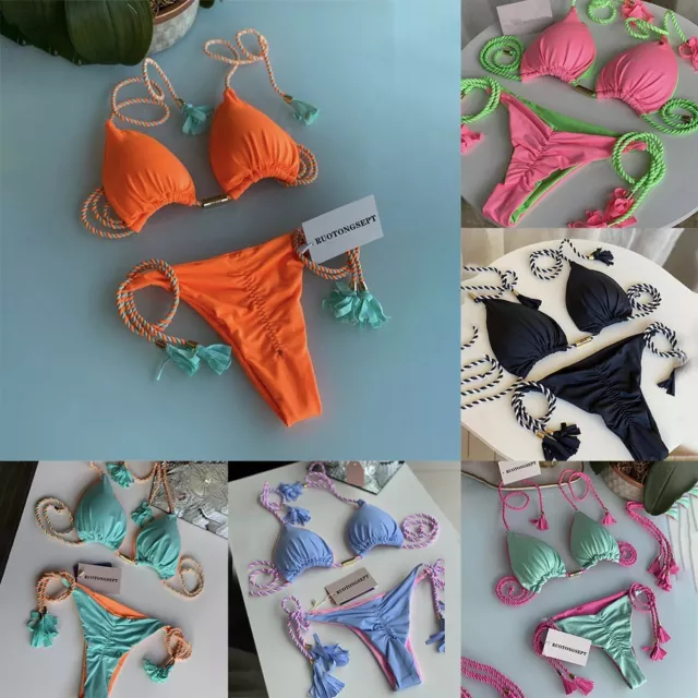 Women Sexy Push Up Bikini Set Braided String Swimwear Ruched Thong Bathing-Suit