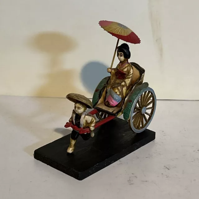 Vintage Asian Celluloid Man Pulling Geisha-Parasol-Rickshaw Cart-wood Display