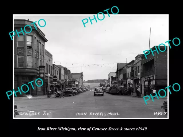 OLD LARGE HISTORIC PHOTO OF IRON RIVER MICHIGAN VIEW OF GENESEE & STORES c1940