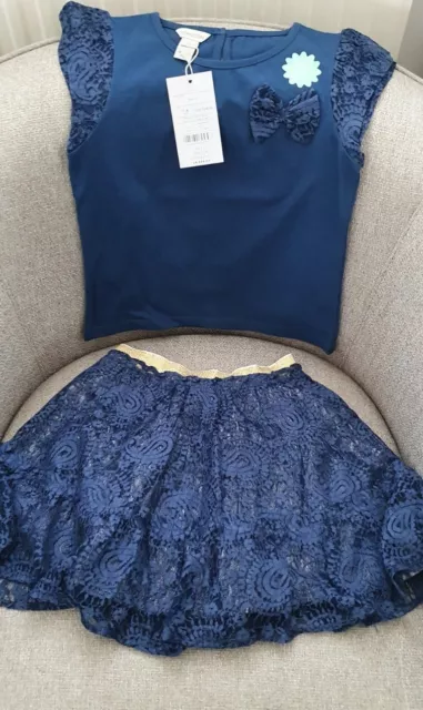 Girls Age 7 Pretty Monsoon Navy Lace Skirt And Top Summer Set BNWT