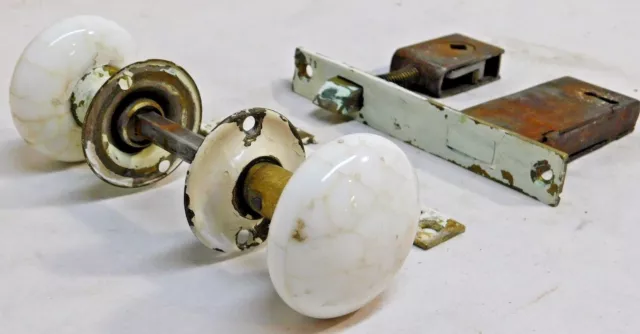 1800's Brass Antique DOOR Lockset MILK GLASS Italianate Era 1870 Original ORNATE