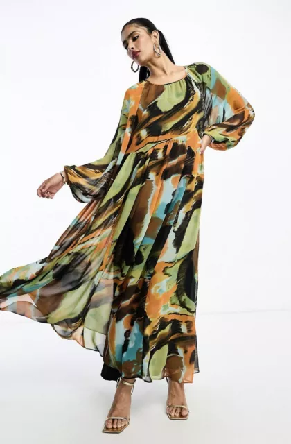 Asos Design Chiffon Maxi Smock Dress With Scallop Waist In Abstract Print 12