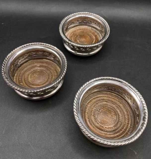 Pierced Silver Plate Small 6cm Coasters Turned Wooden Base Antique x 3