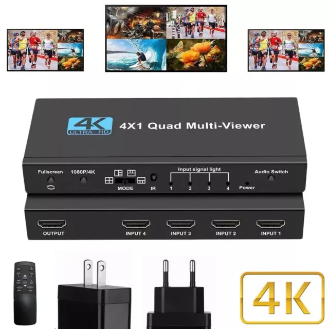 4K HDMI 4X1 Quad Multi-Viewer 4 IN 1 Out Multi Screen Switcher HDMI Splitter NEU