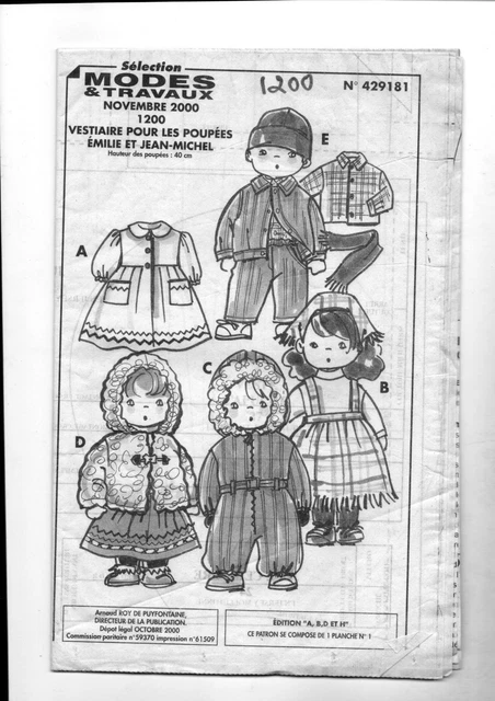 Patron De Couture MODES ET TRAVAUX Pour Poupée Jean-Michel - Août 1976