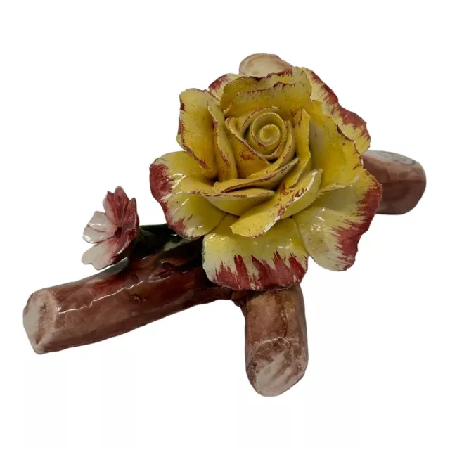 Vintage Capodimonte Porcelain Rose & Flower on Branch Display Yellow W/Pink Edge