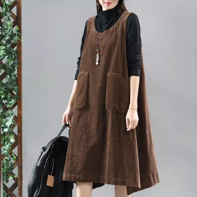 Women Corduroy Dress Midi Sleeveless Big Swing Loose Casual Retro Pullover 3