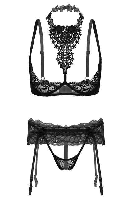 Set lingerie noir en dentelle et broderie, soutien-gorge et porte-jarretelle, se