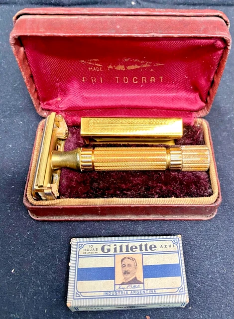 VINTAGE GILLETTE GOLD ARISTOCRAT RAZOR w/ BLADES IN ORIGINAL CASE c1940 v/g