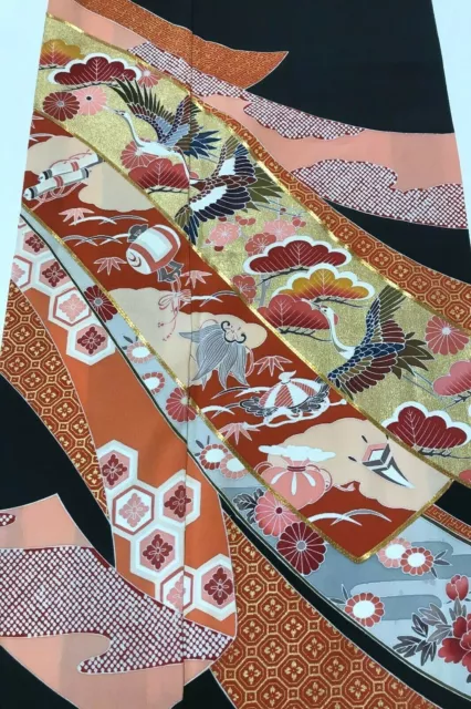 @@Japanese vintage kimono/ tomesode black silk fabric/ cranes, embroidery B32