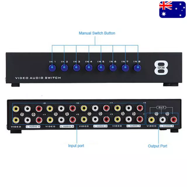 8 Port Video Audio AV RCA 8-in-1 Switch Selector Splitter Box for VCR HDTV DVD