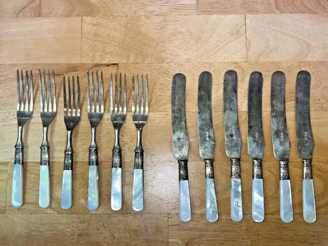 Vintage Etched Mother Of Pearl Silverware 12 piece Fork and Knife Lot