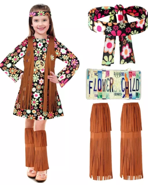 60s-70s Hippie Flower Child Dress Up Pretend Play Costume Girls XL Peace Fringe