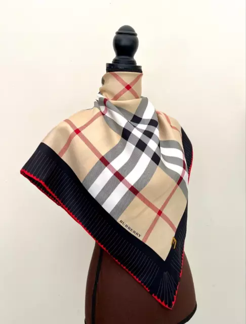 New Burberry Scarf Check Beige Black Border Silk Wrap