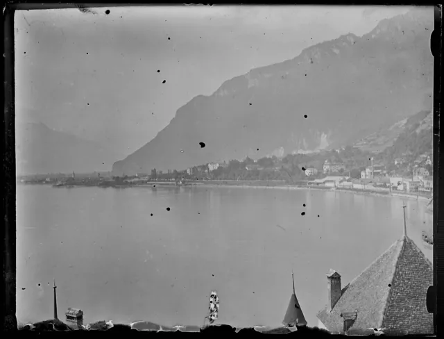 Antique Black & White Negative 9x12cm Lake Chillon Switzerland Photo Glass Plate
