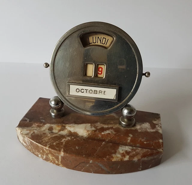 GENUINE PERIOD ART Deco French Chrome Perpetual Desk Calendar on Marble