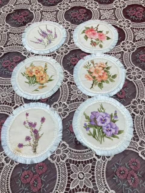 6 Antique Hand-Painted Floral Silk Panels/Silk Fringe